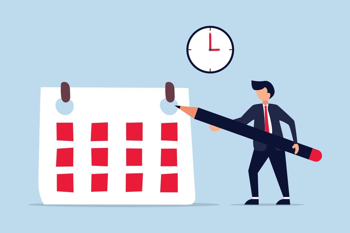 Schedule business appointment, and important date, smart businessman using pencil to mark important appointment date on calendar with alarm clock. vector