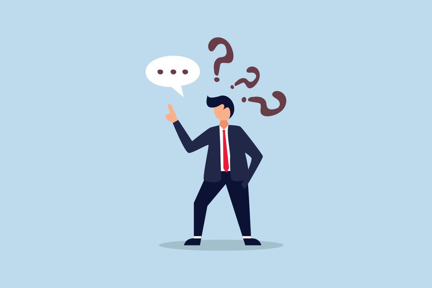 Answer business question,  determination businessman comes out from question mark sign to answer question. vector