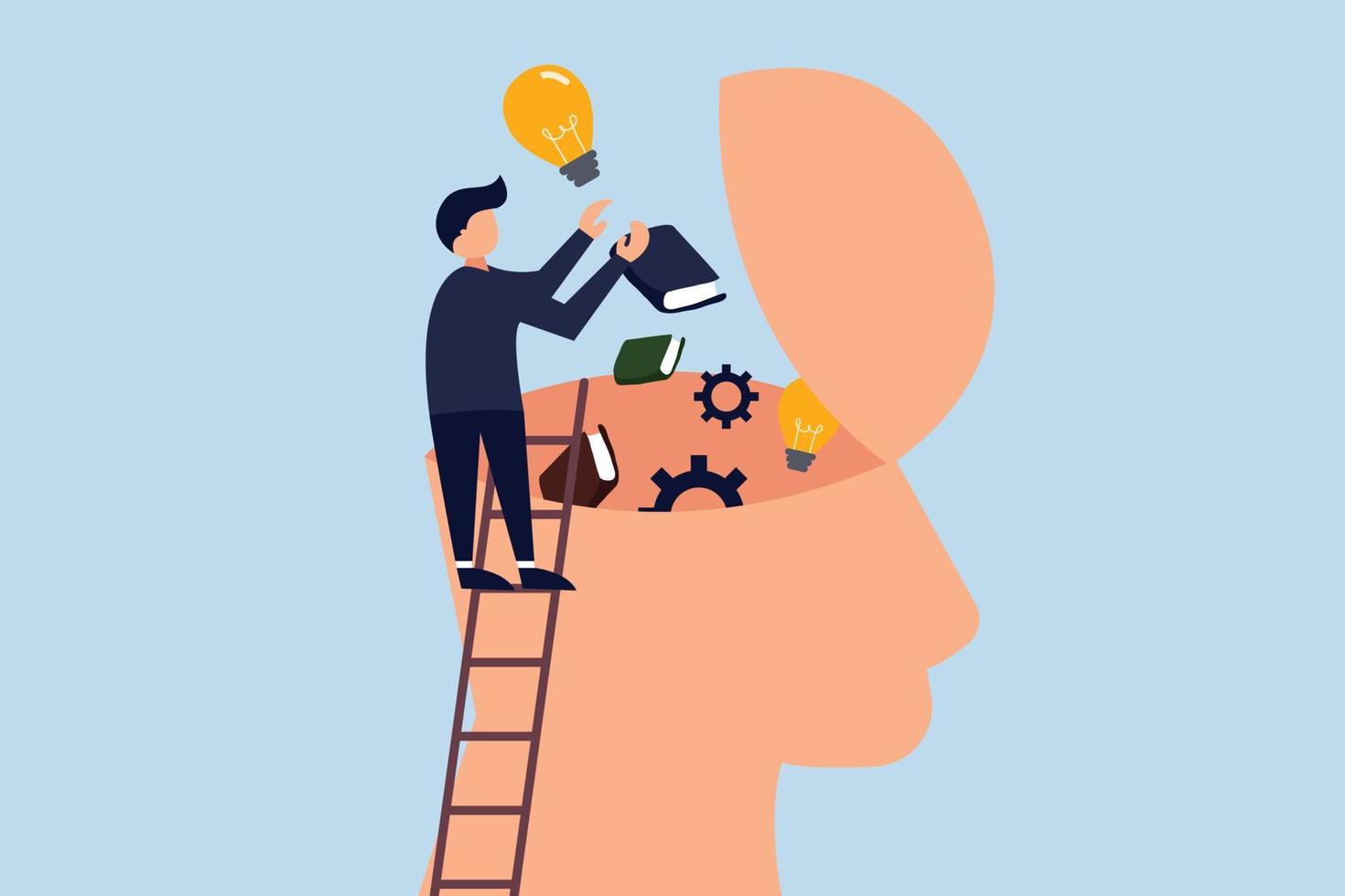 Upskill, learn new things or knowledge development for new skill and improve job qualification concept, man putting light bulb ideas, and books into human head to upgrade working skill. vector
