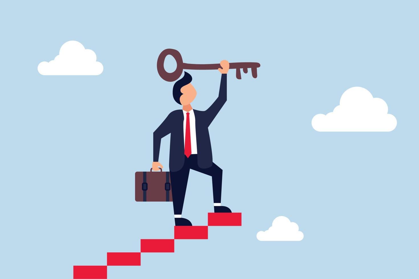 Key to business and career success, businessman winner walk up to top of stairway lifting success key to the sky. vector