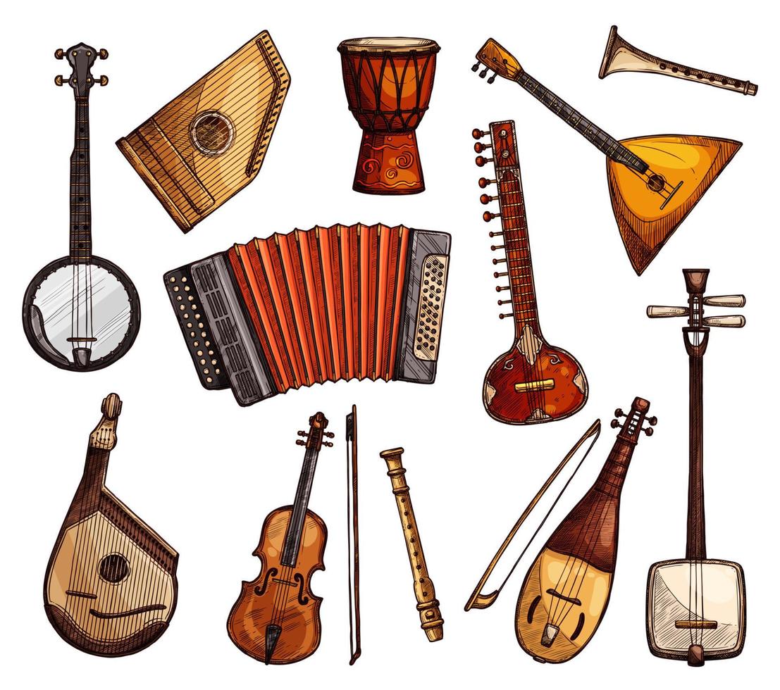 conjunto de bocetos de instrumentos musicales étnicos vector