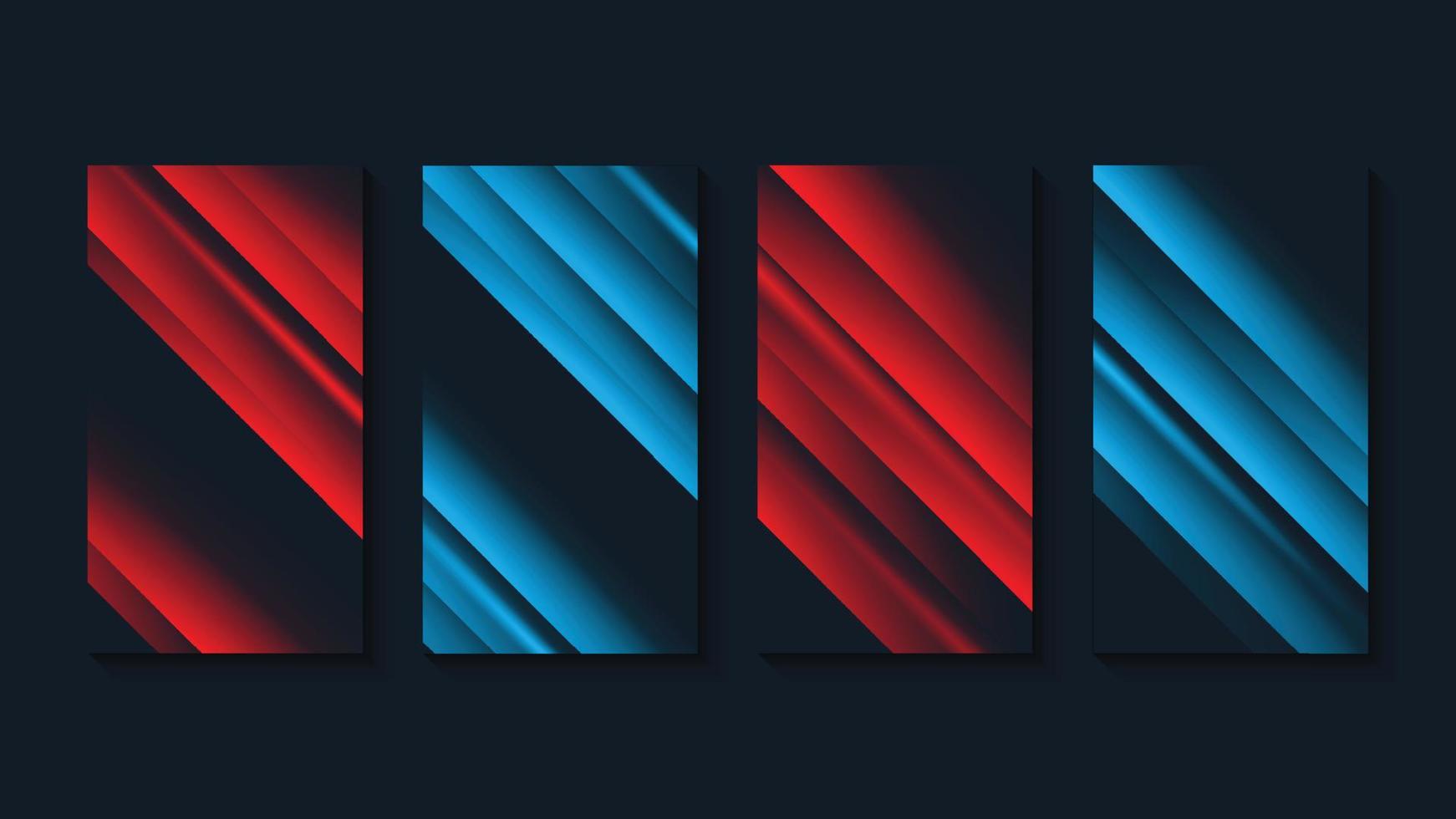 conjunto de cubiertas líneas diagonales abstractas de rayas rojas y azules claras sobre fondo negro oscuro. vector