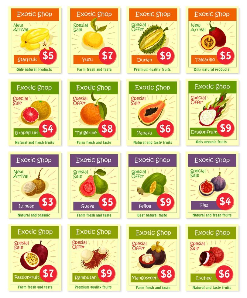 tarjetas de precios vectoriales para frutas exóticas tropicales vector