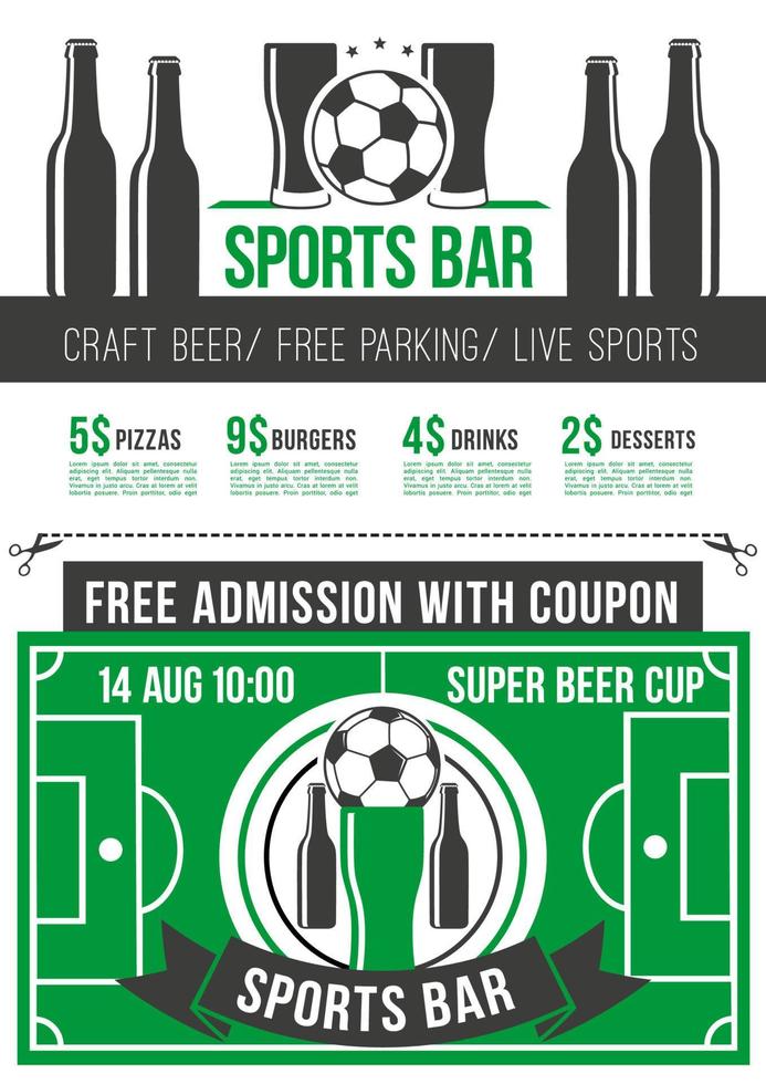 cartel de menú de bar deportivo con balón de fútbol y cerveza vector