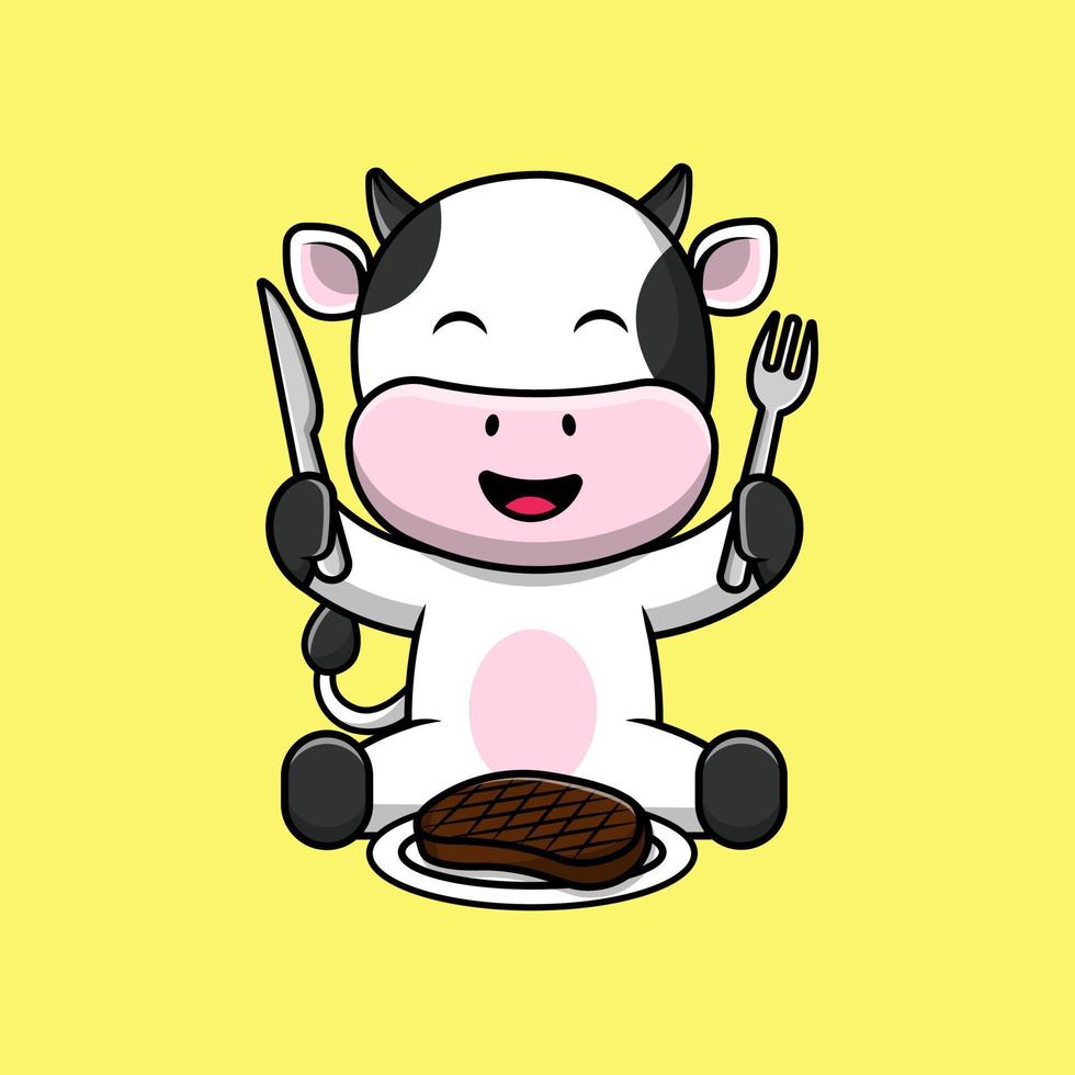 linda vaca comiendo carne de bistec con tenedor y cuchillo ilustración de iconos vectoriales de dibujos animados. concepto de caricatura plana. adecuado para cualquier proyecto creativo. vector