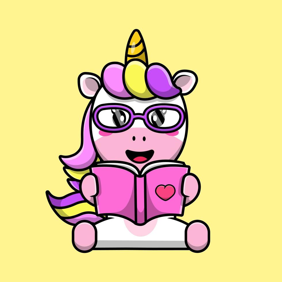 Cute Unicorn Reading Book Cartoon Vector Icons Illustration. Flat Cartoon Concept. Suitable for any creative project.