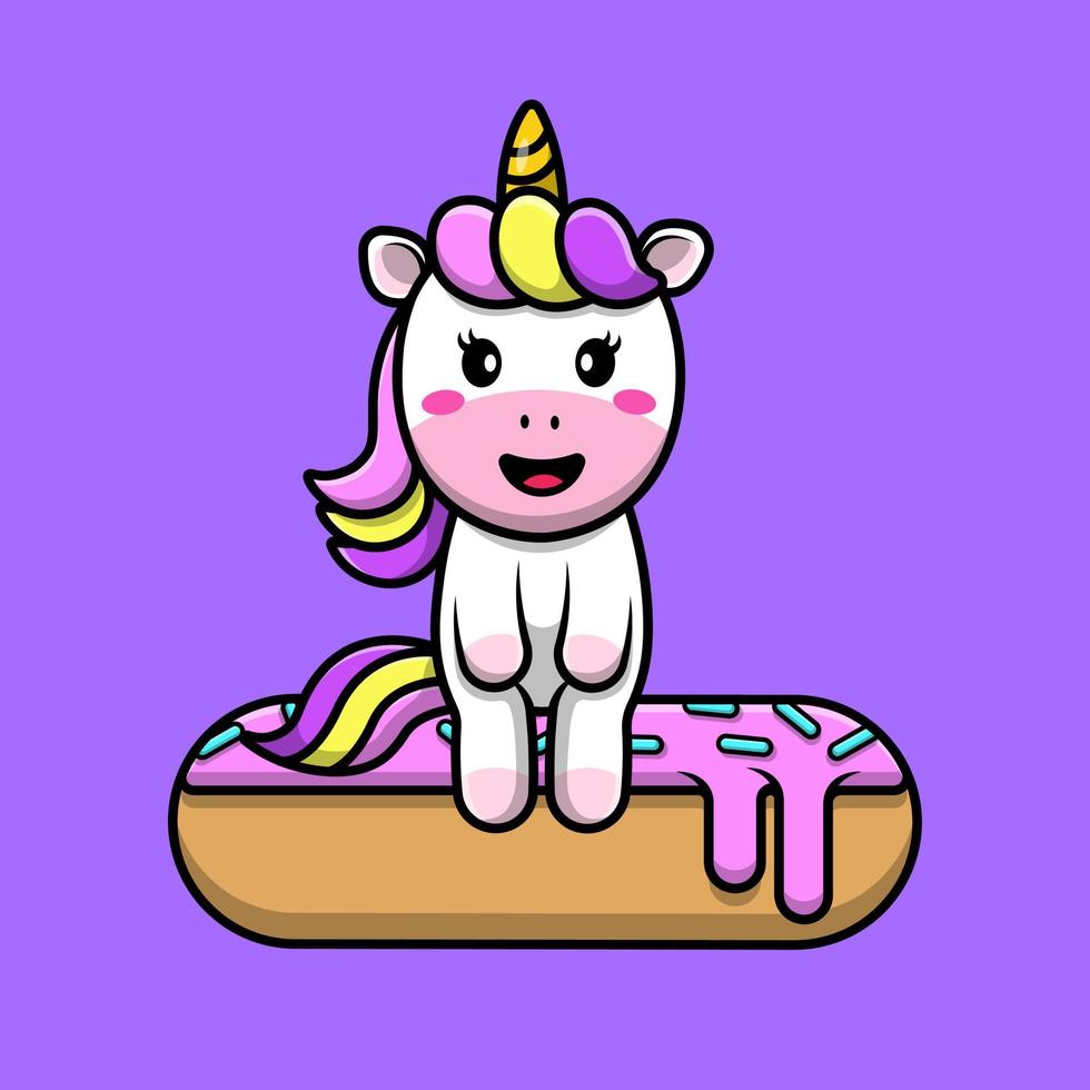 Cute Unicorn Sitting On Doughnut Cartoon Vector Icons Illustration. Flat Cartoon Concept. Suitable for any creative project.