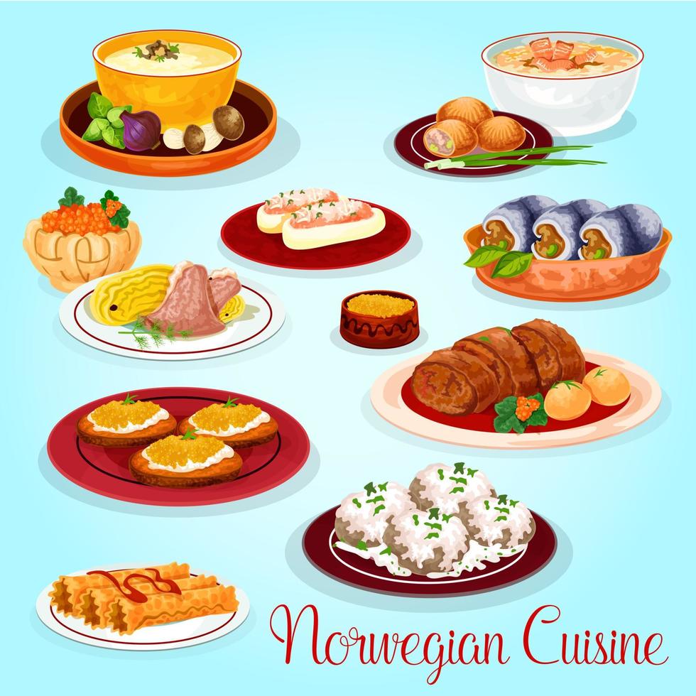 Norwegian cuisine dishes for lunch menu icon vector