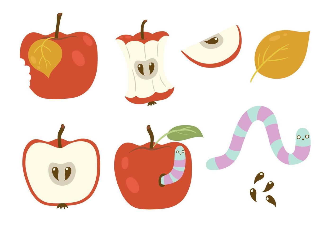 conjunto de gusanos y manzanas aisladas en un fondo blanco. gráficos vectoriales vector