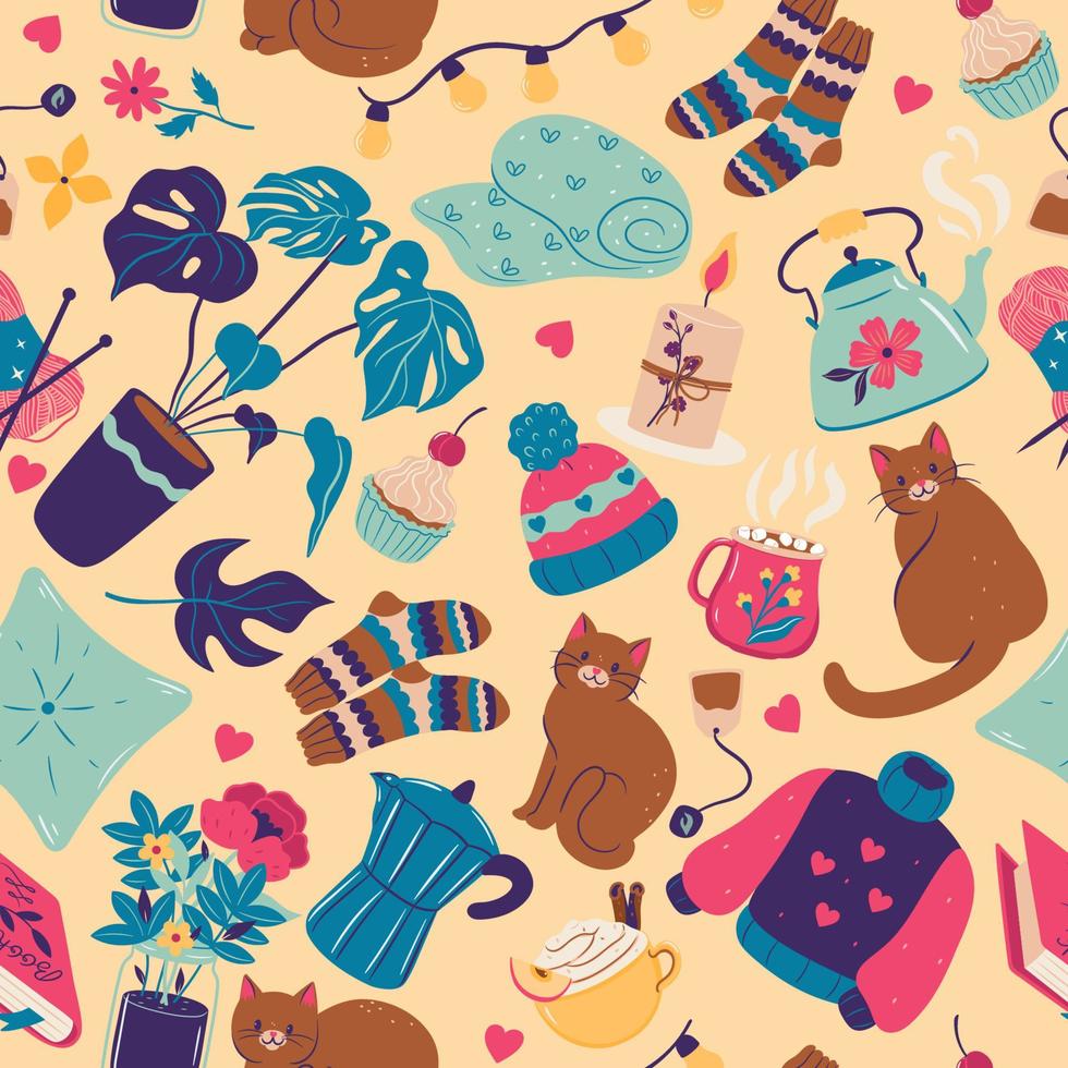 Seamless pattern with cats and hygge items. Vector graphics.