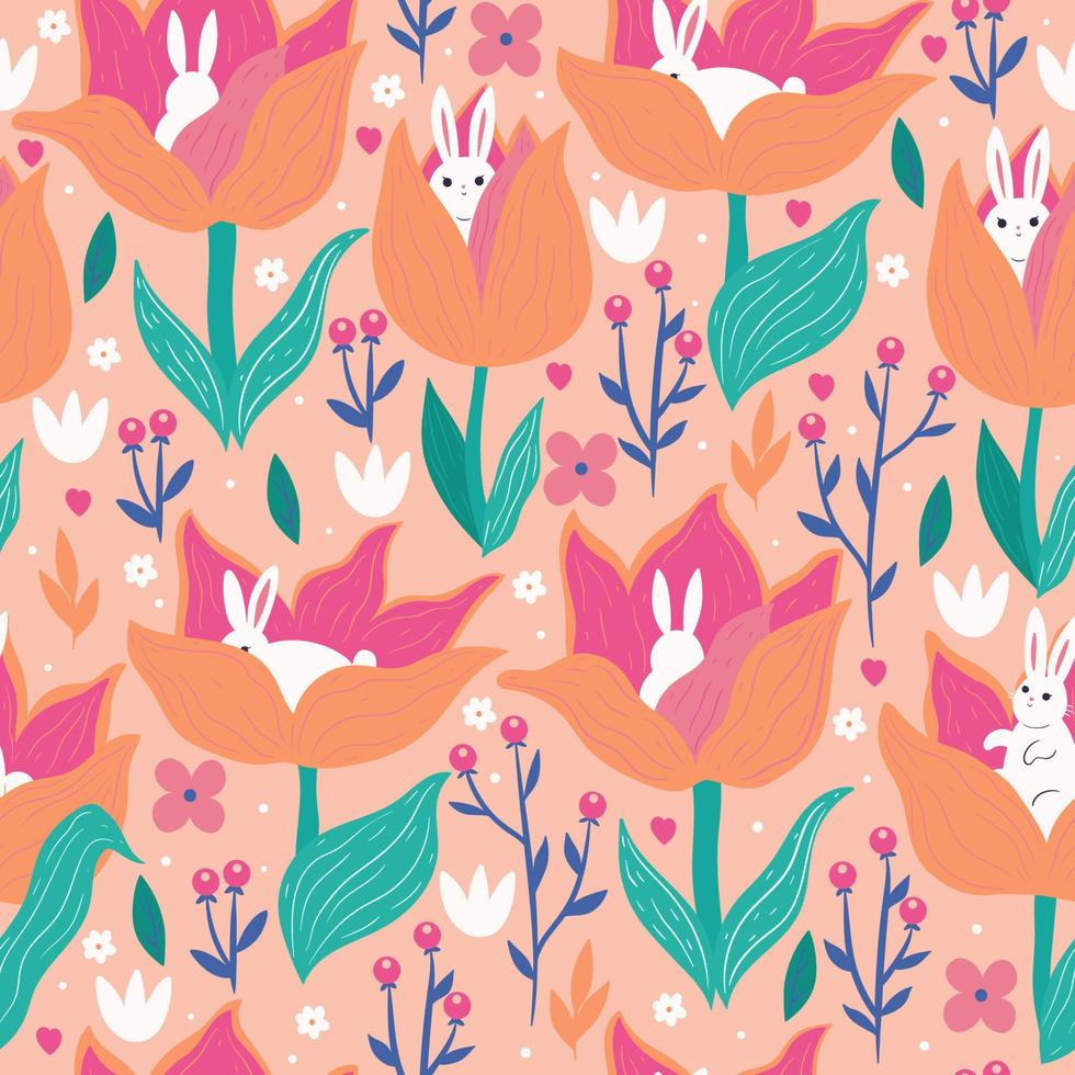 Seamless pattern with cute rabbits and tulips. Vector graphics.