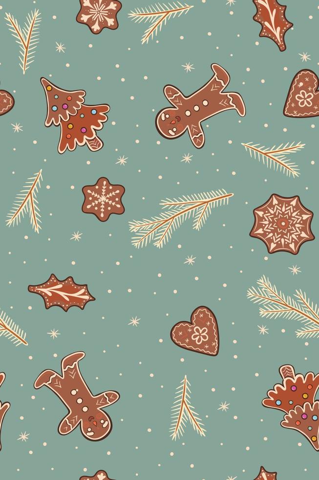 Seamless pattern with gingerbread and twigs. Vector graphics.