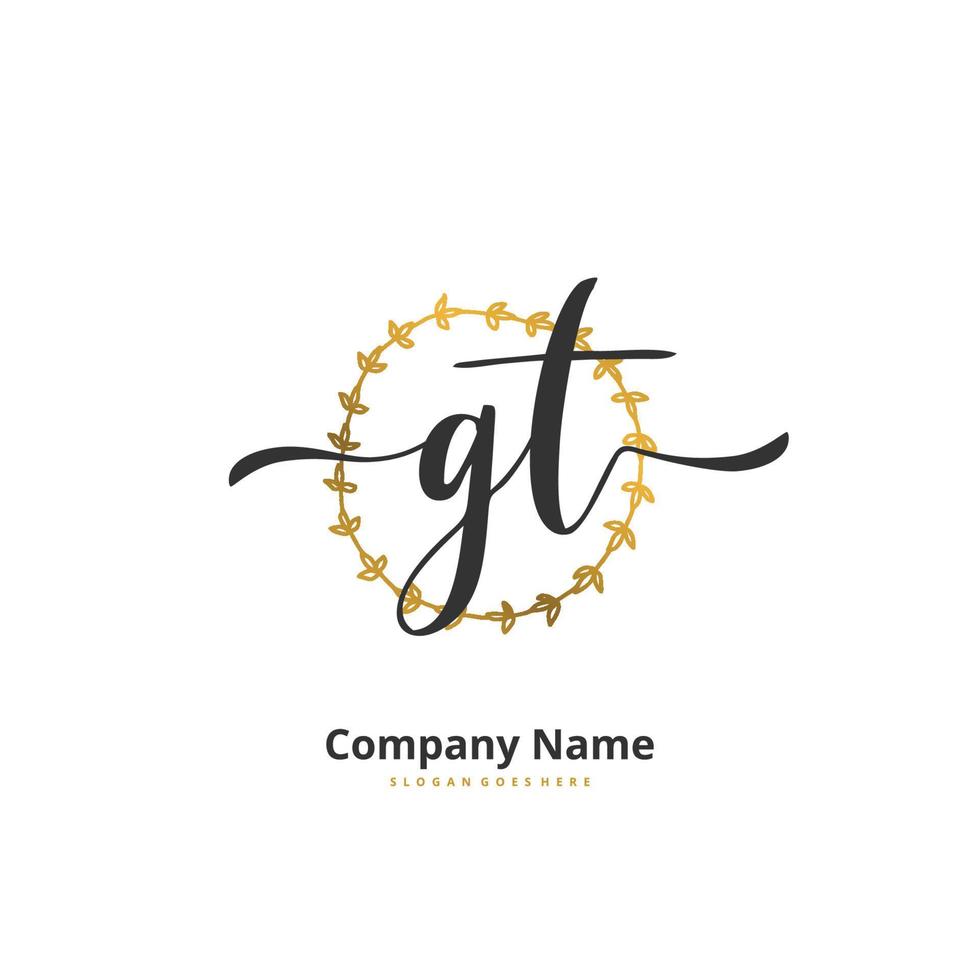 GT Initial handwriting and signature logo design with circle. Beautiful design handwritten logo for fashion, team, wedding, luxury logo. vector
