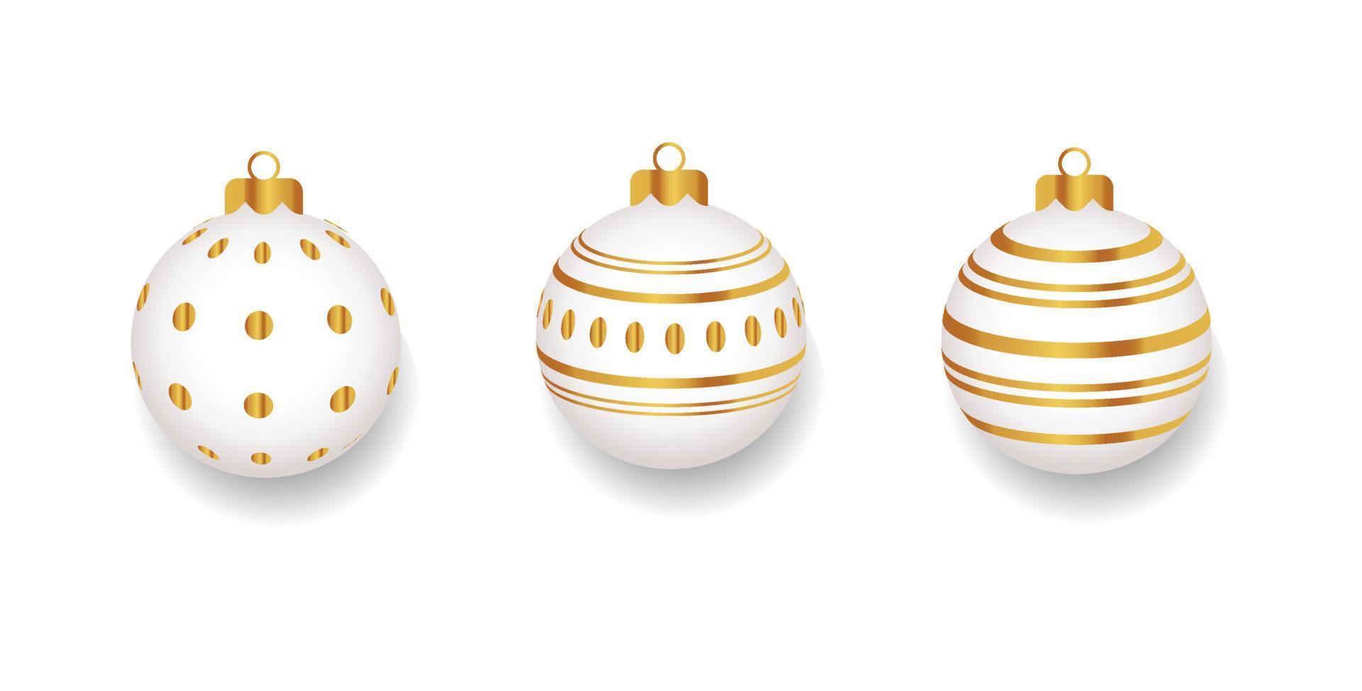 Gold Christmas ball with snow effect set. Xmas ball on white background. Holiday decoration template. Vector illustration