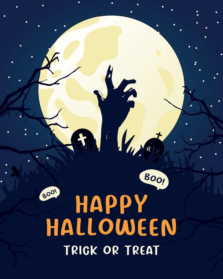 Background for Halloween with Zombie, trees, moon, in night forest, Halloween flyer, banner vector