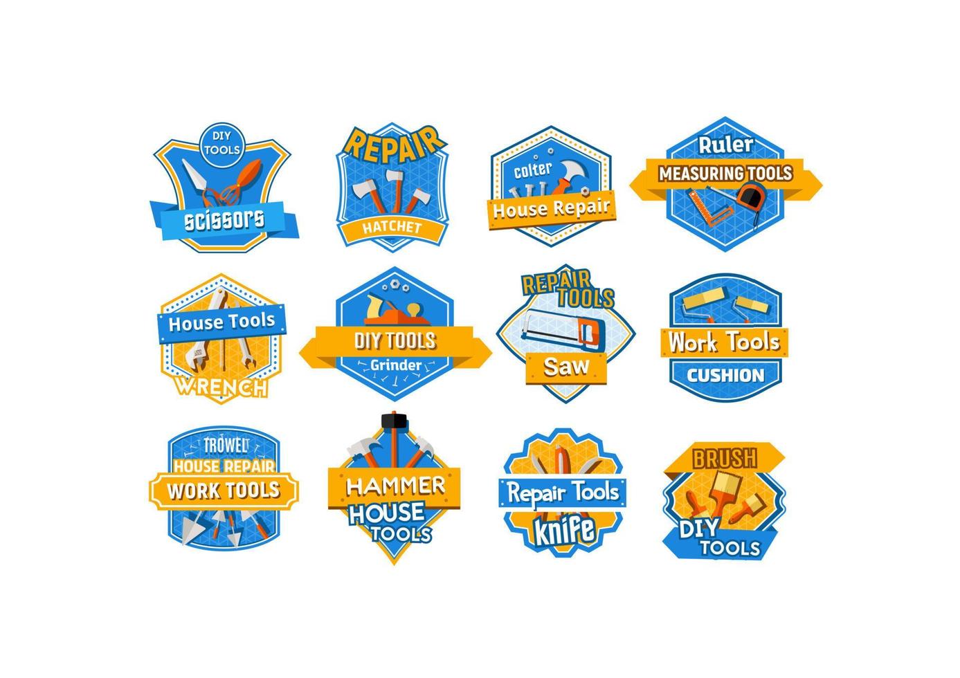 Work tool isolated badge set, home repair design vector