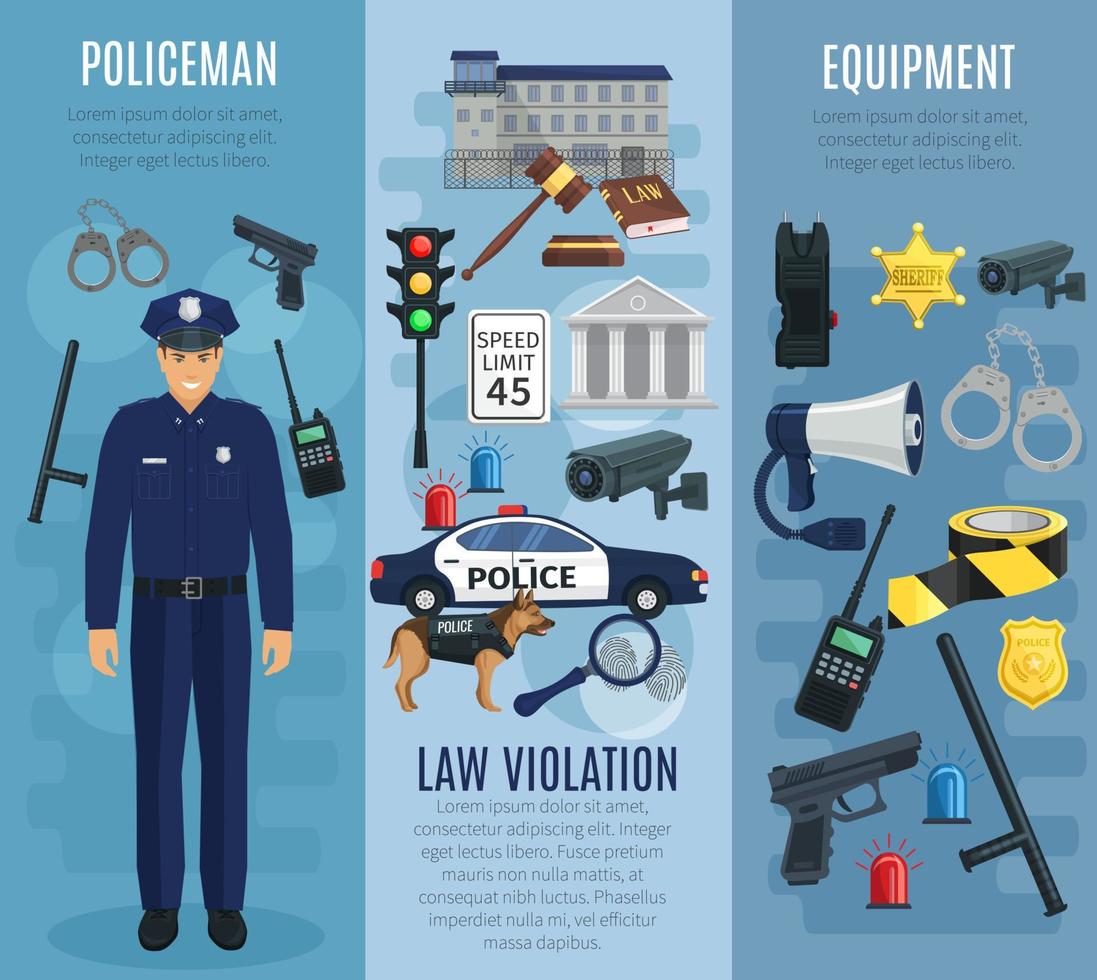 Policeman with equipment, law violation banner set vector