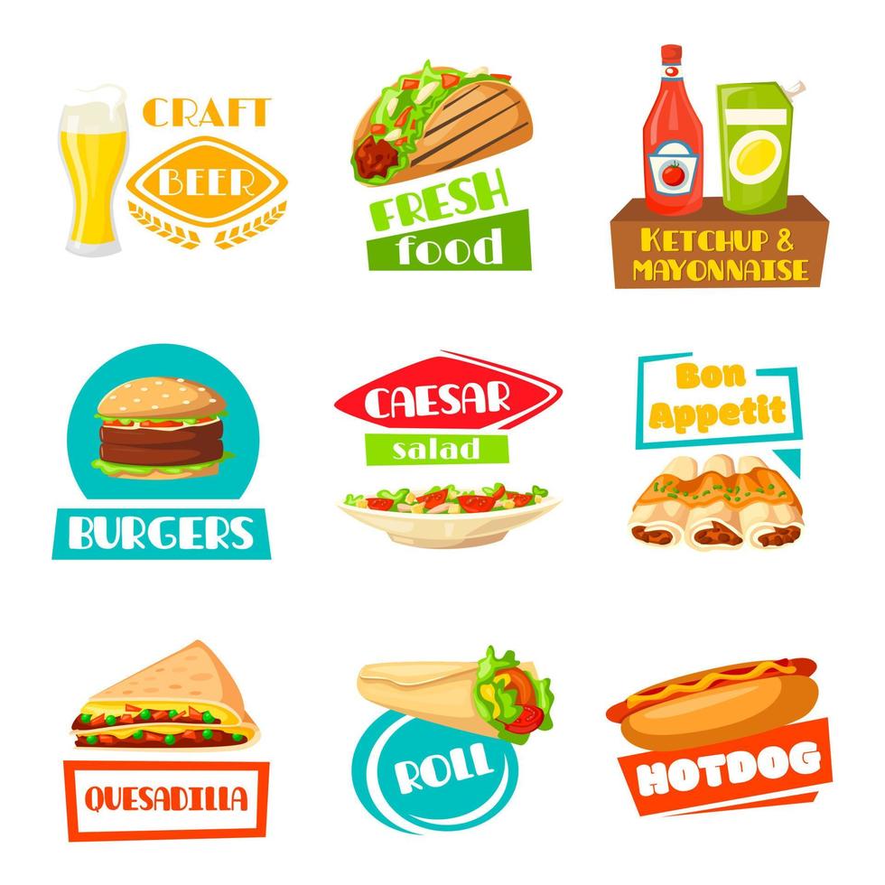 Fast food vector menu icons set for meals