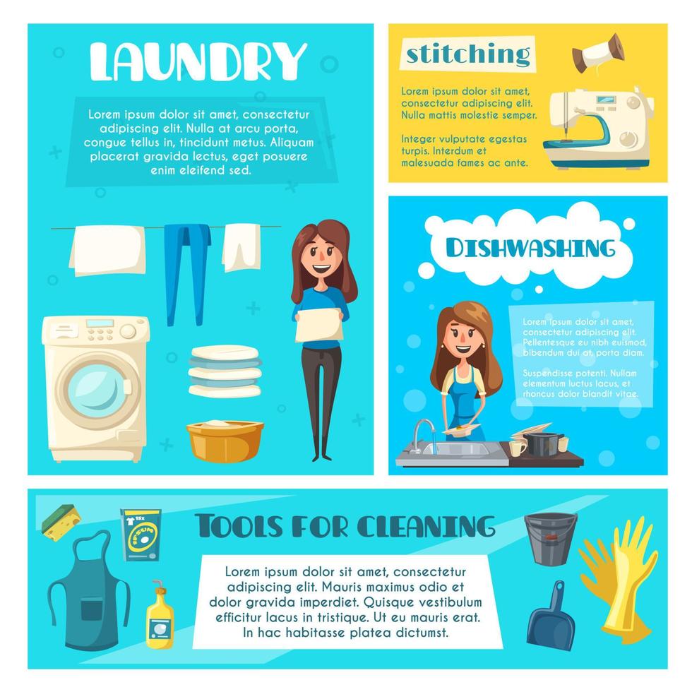 Housewife doing household chores banner template vector