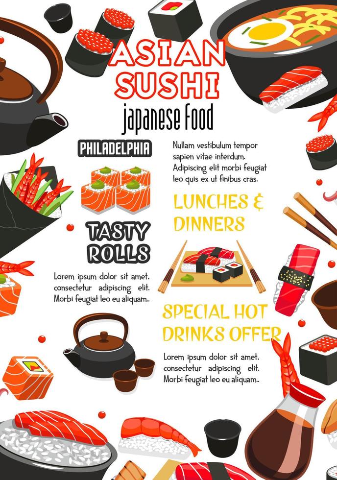 Japanese food, sushi roll and drink menu banner vector