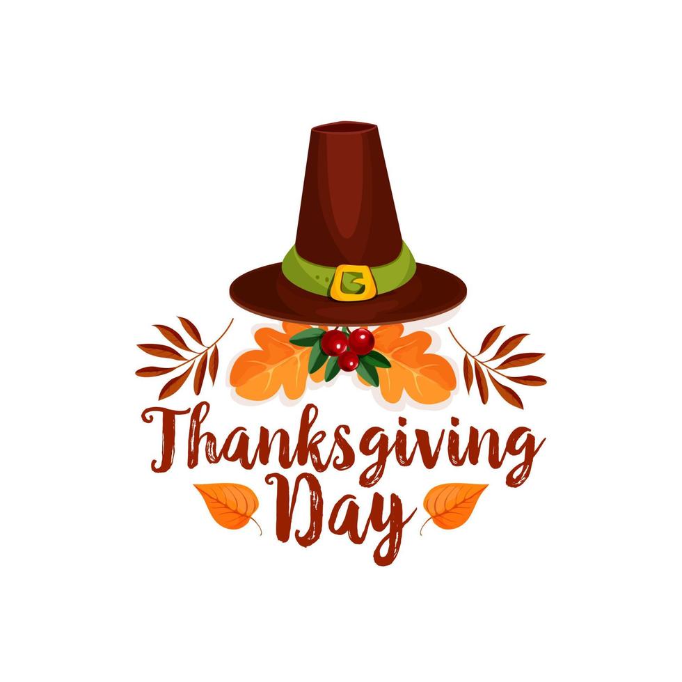 Thanksgiving Day icon of pilgrim hat, autumn leaf vector