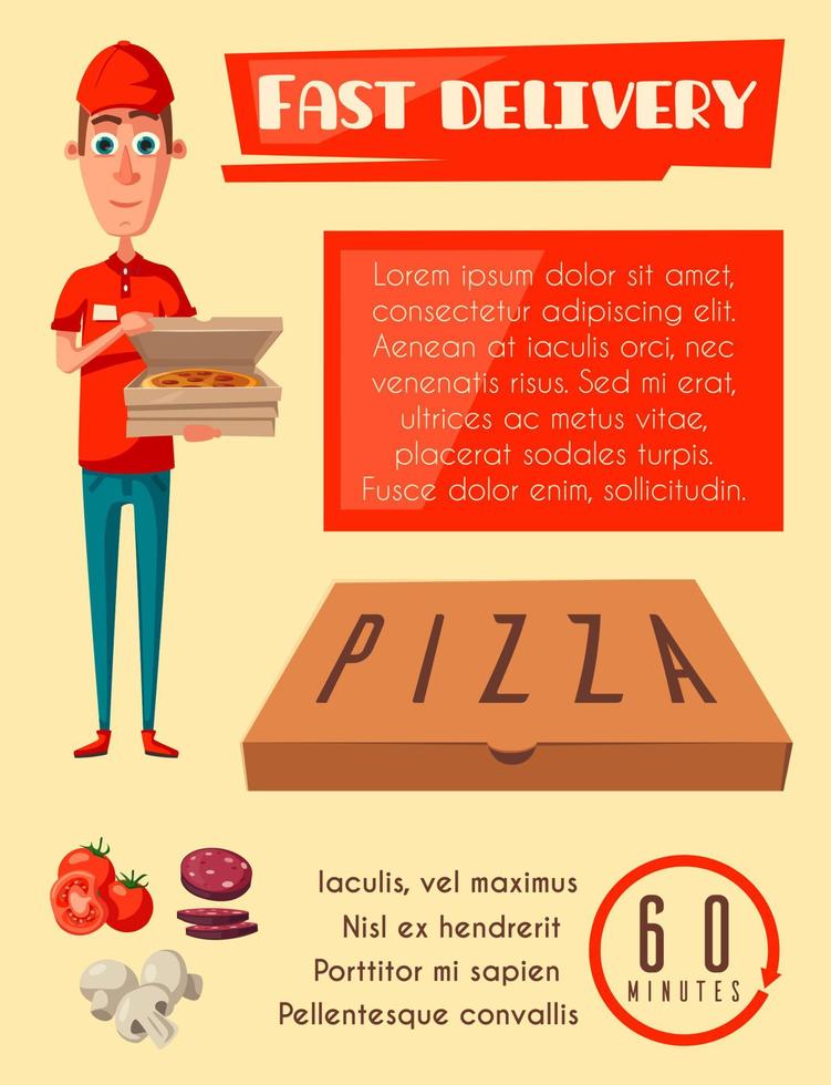 cartel plano de vector para repartidor de comida rápida de pizza