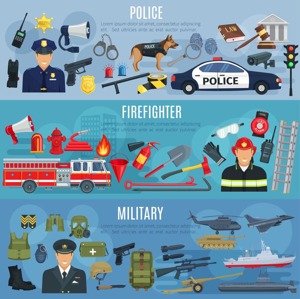 Vector banners firefighter, military and police