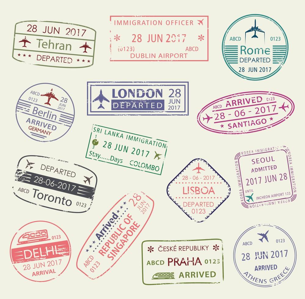 Passport stamp of travel visa isolated set design vector