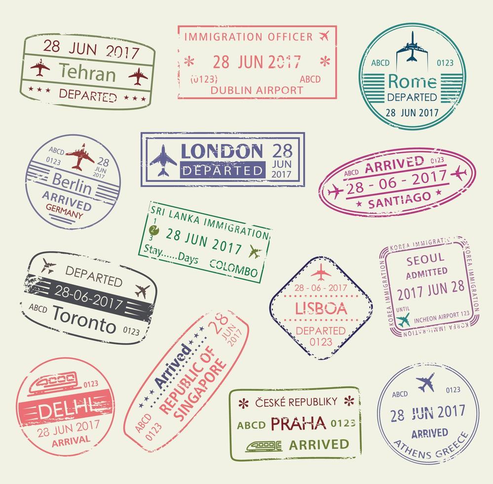 sello de pasaporte de diseño de conjunto aislado de visa de viaje vector