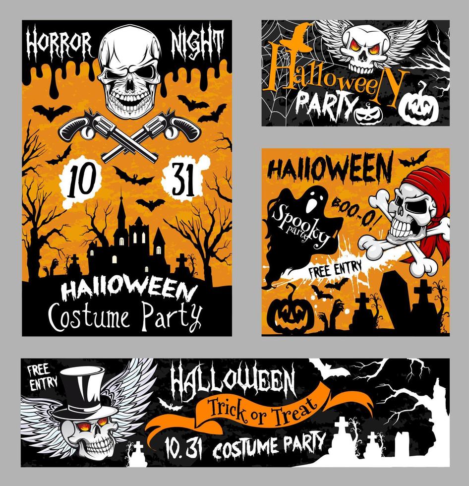 Halloween horror skull poster, night party design vector