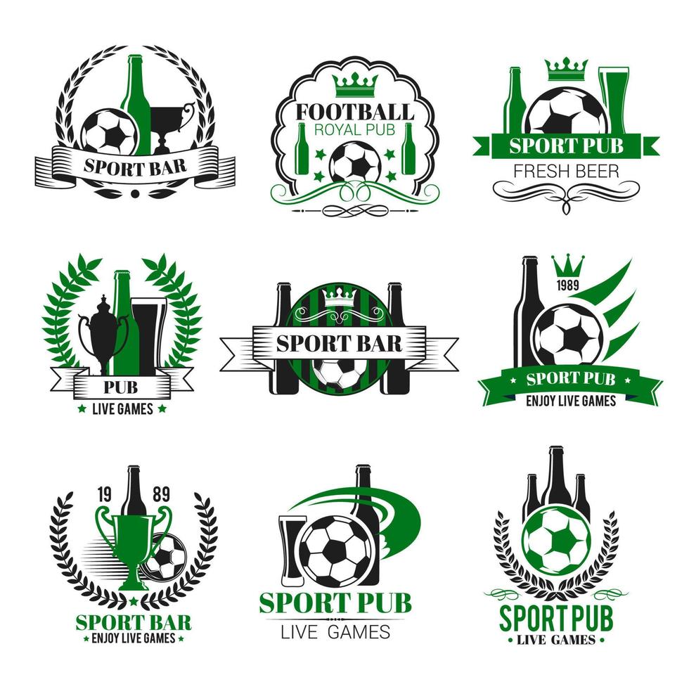 vector, fútbol, deporte, bar, fútbol, cerveza, pub, iconos vector