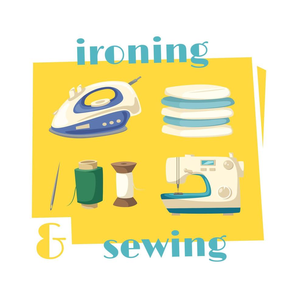 Ironing and sewing household chores cartoon icon vector