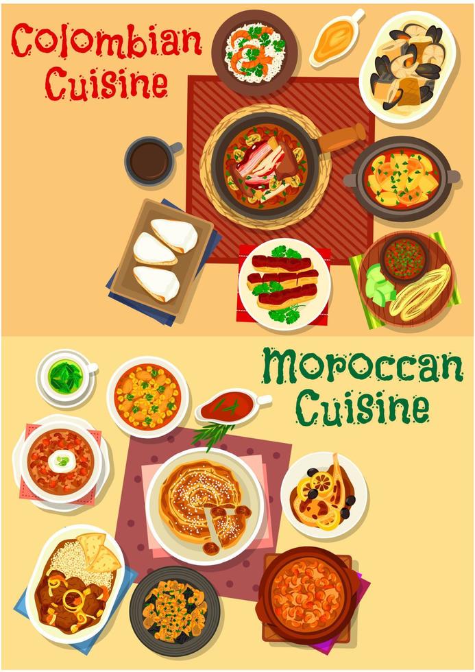 Colombian and moroccan cuisine icon set design vector