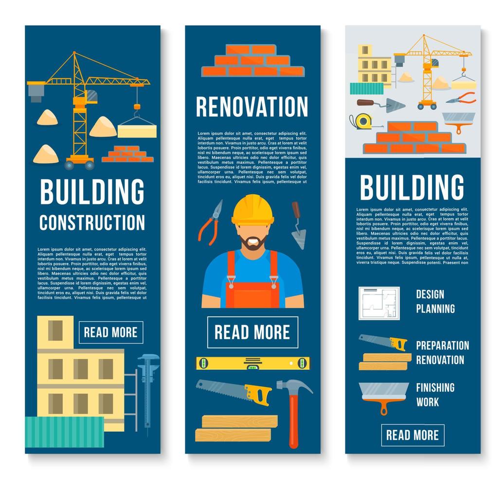 banners de herramientas de trabajo de construcción de edificios de vectores