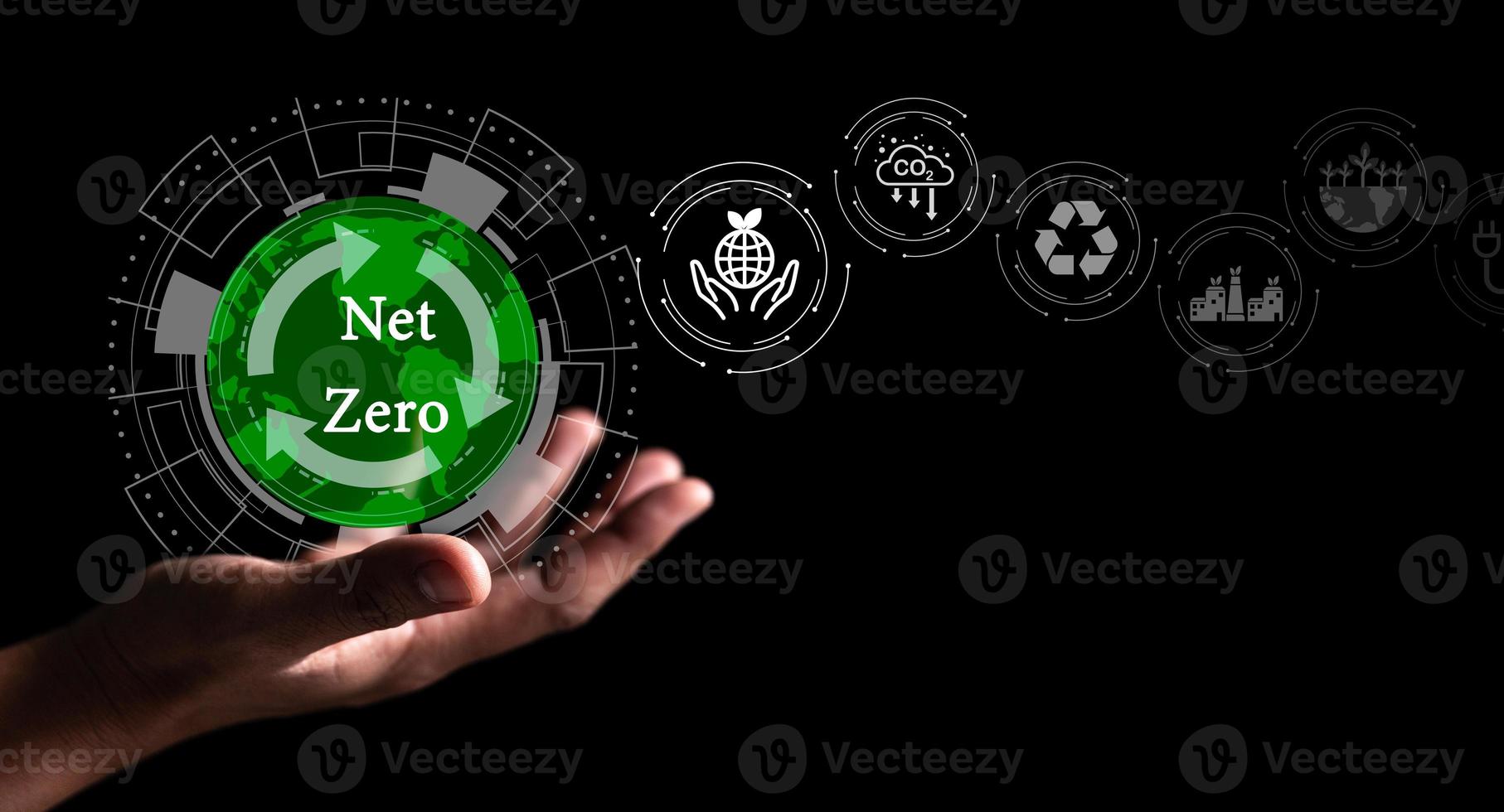 Concept of carbon neutral and net zero. Circular of emissions Greenhouse and Renewable Energy. Strategies and goals or target to reduce global warming by 2050. Green energy is sustainable environment. photo