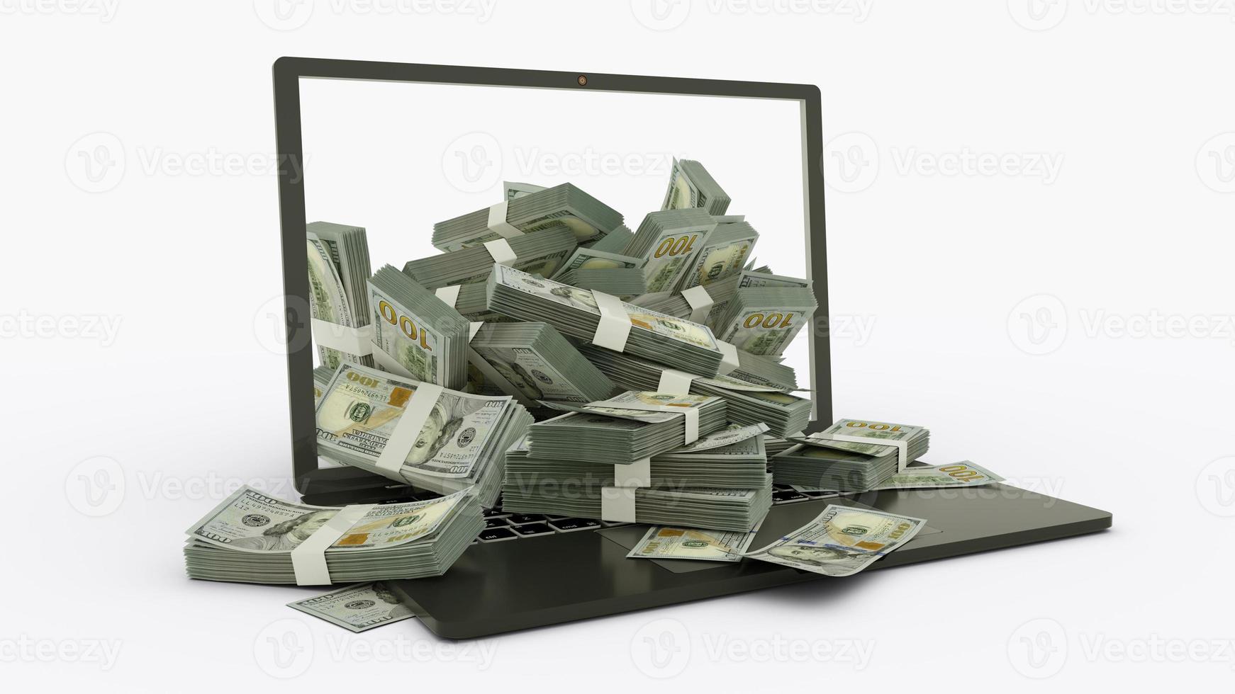 3D rendering of 100 US dollar notes coming out of a Laptop monitor isolated on white background. stacks of dollar notes inside a laptop. money from computer, money from laptop photo