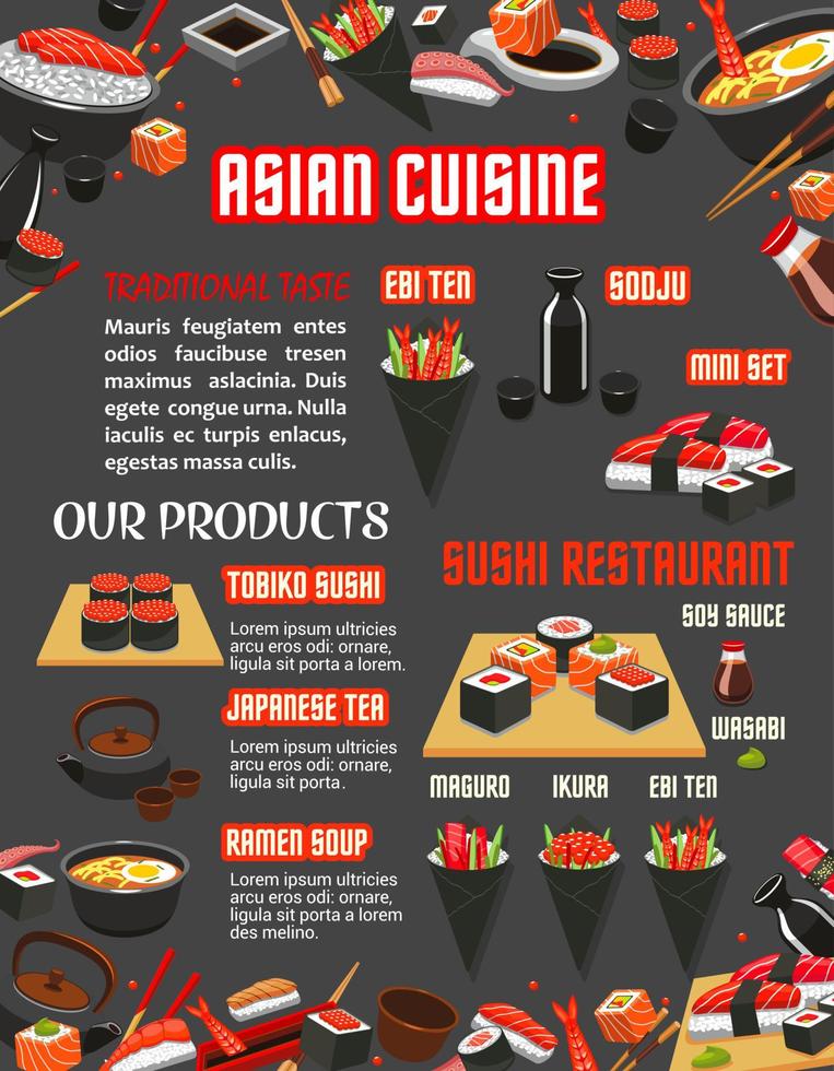 Japanese sushi restaurant menu of asian cuisine vector