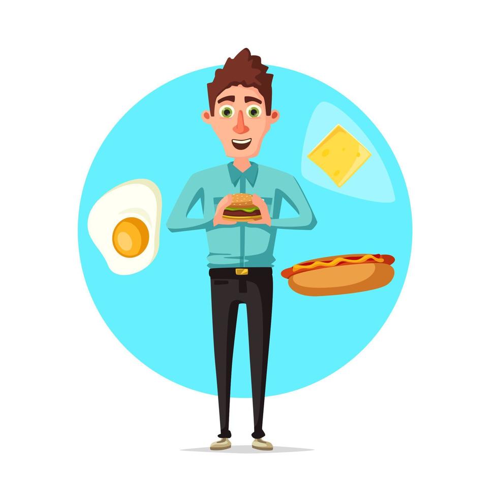 hombre desayuno o comida rápida almuerzo vector icono plano