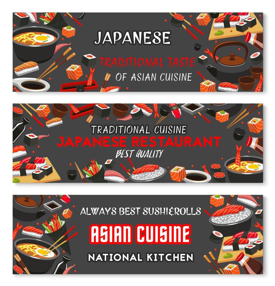 banner de sushi japonés del menú del restaurante asiático vector