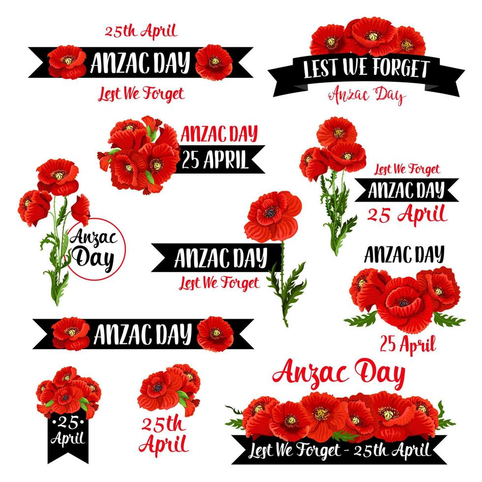 Anzac Remembrance Day badge of red poppy flower vector