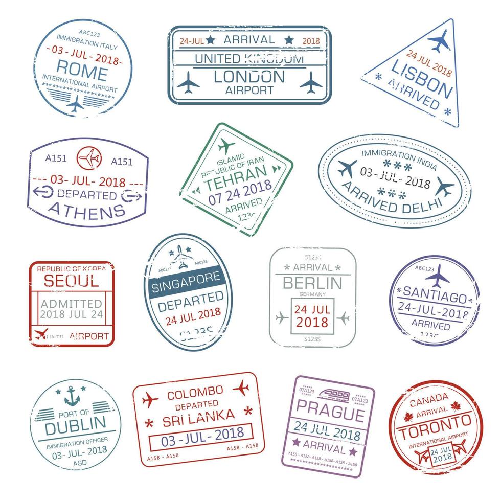 Vector icons of world travel city passport stamps