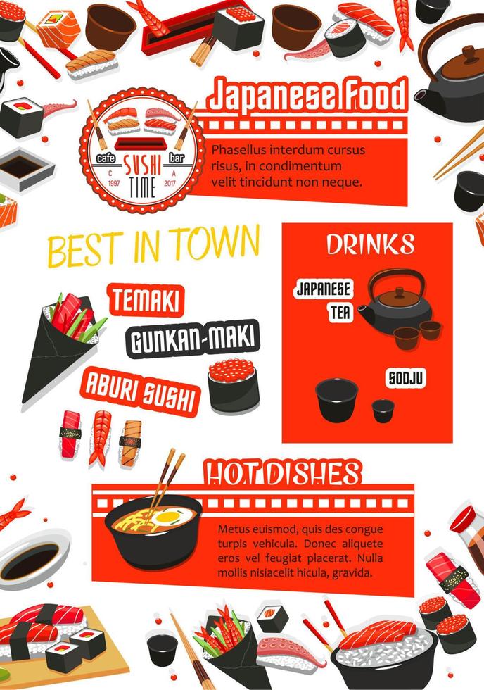 Japanese food, sushi and drink menu template vector
