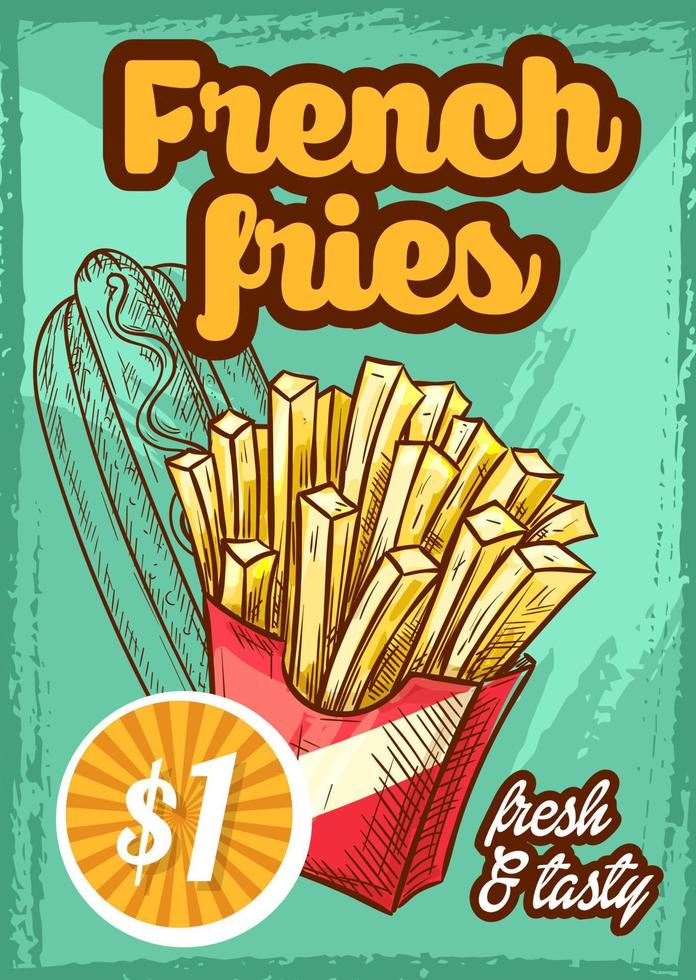 cartel de boceto de menú de papas fritas de vector de comida rápida