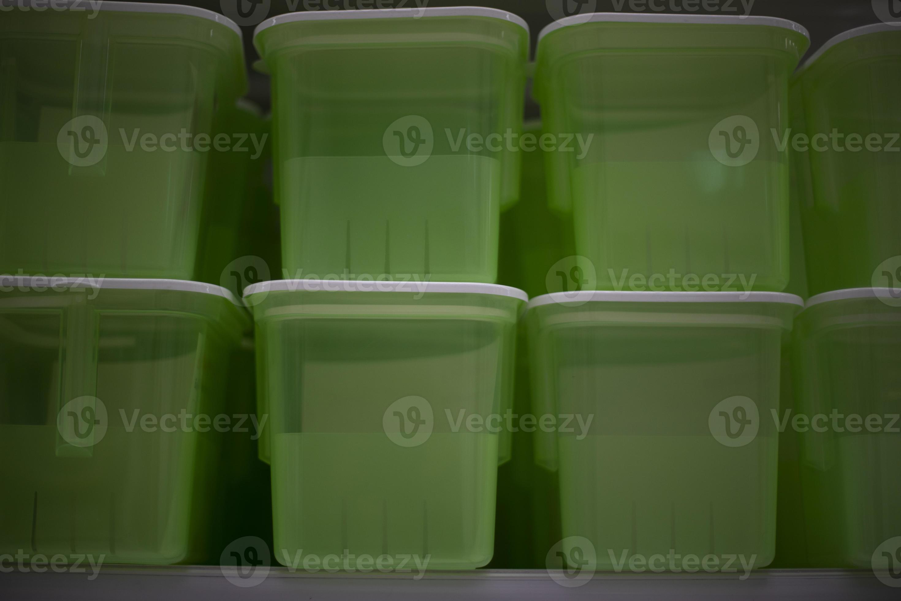 Food containers in store. Plastic boxes. Food storage tanks. Plastic