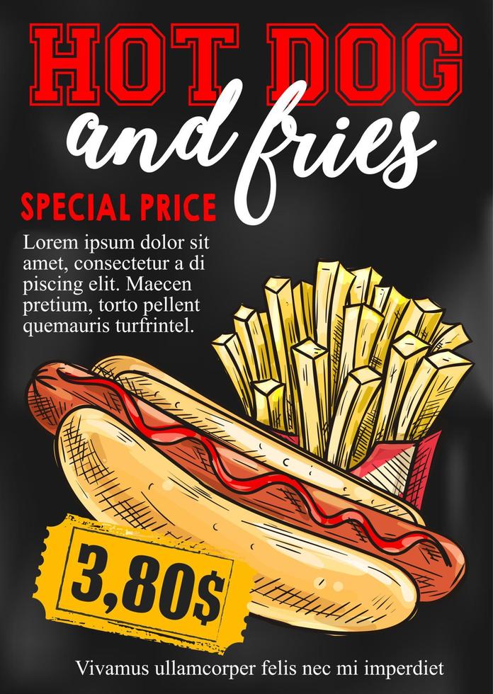 tarjeta de precio de vector de papas fritas de hot dog de comida rápida