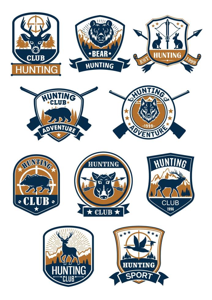 símbolo del deporte de caza y juego de insignias del club de cazadores vector