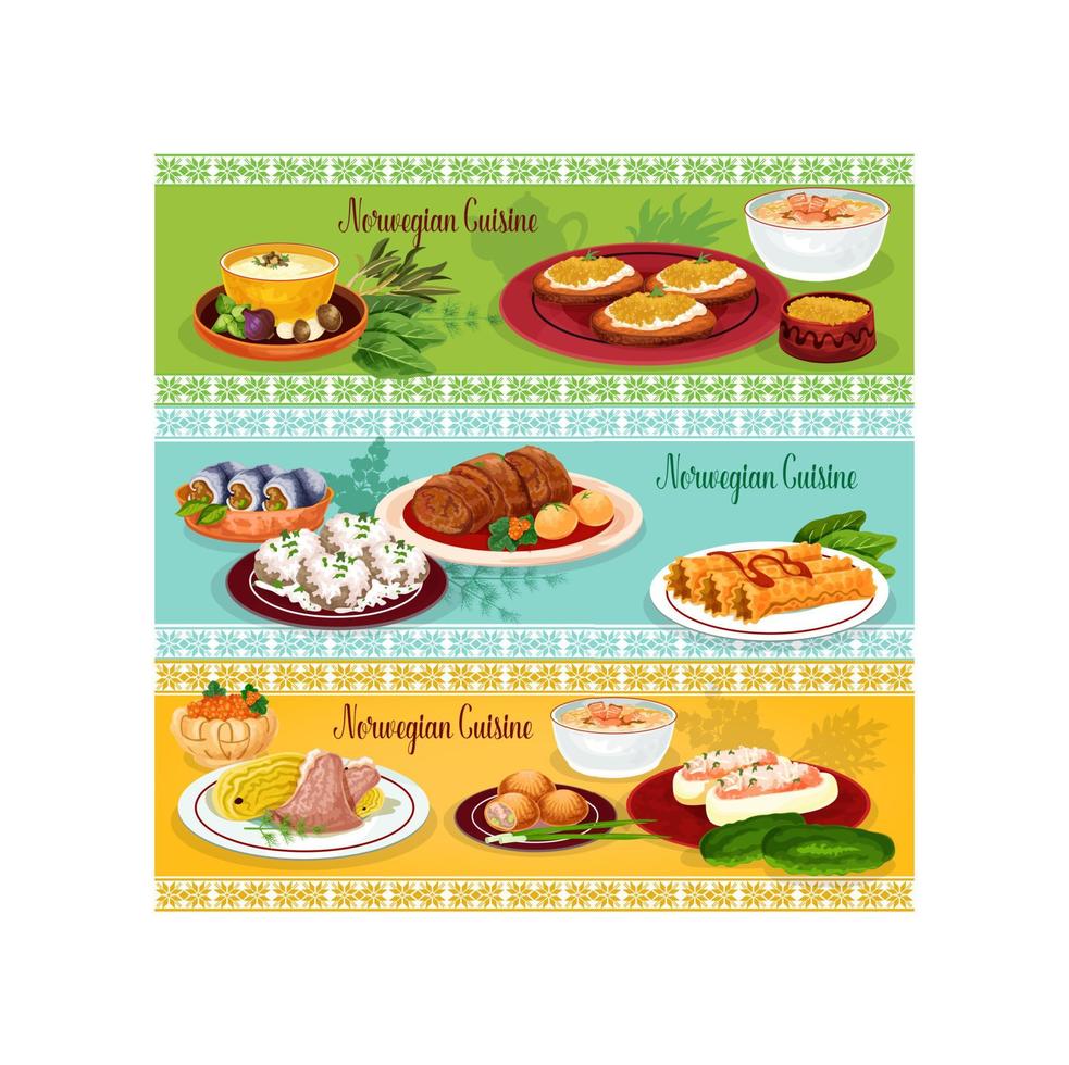 Norwegian cuisine seafood lunch banner set vector