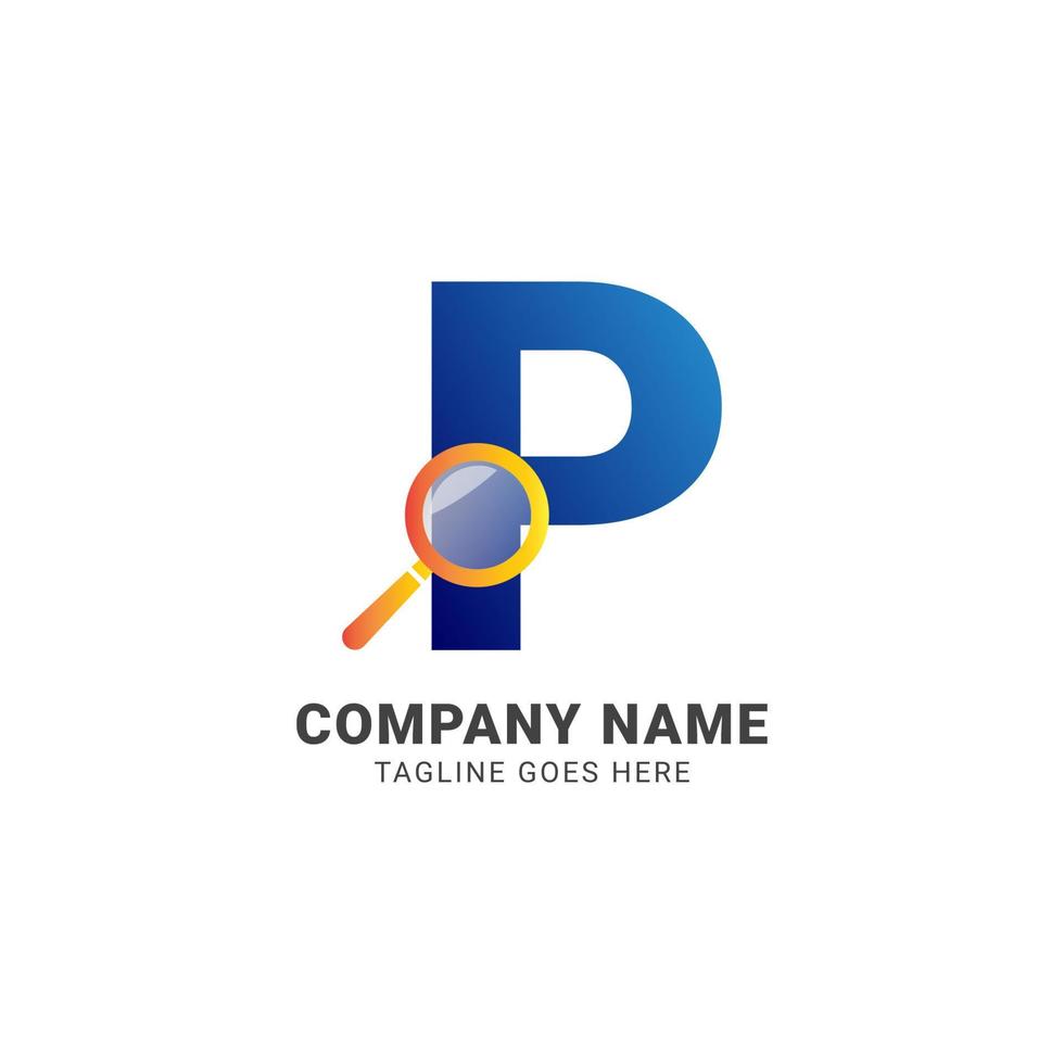 elemento de diseño de vector de logotipo de empresa de lupa de letra p