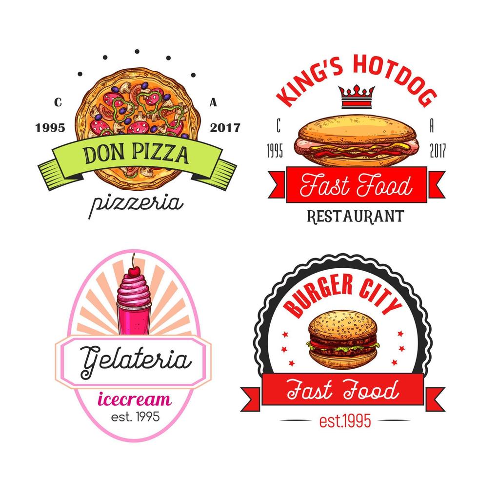 emblemas de restaurante de comida rápida, cafetería y pizzería vector