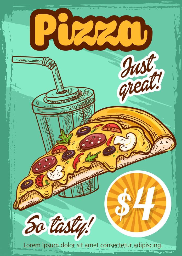 cartel de boceto de vector de menú de pizza de comida rápida